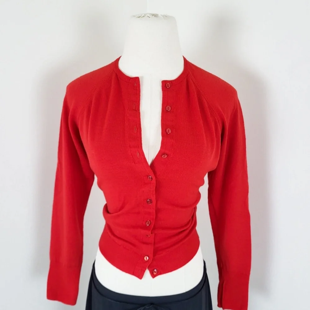 60’s Merino Wool Knit Cardigan Fitted Vintage 3/4 sleeve button down up - Picture 7 of 13